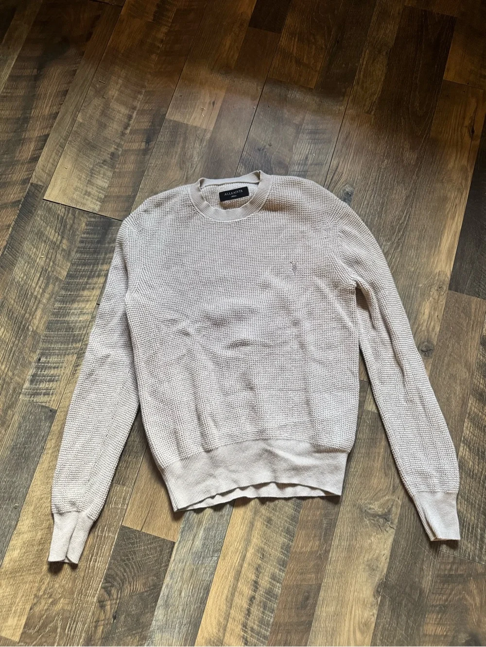 All Saints Men's Light Cream Waffle-Knit Crewneck Sweater